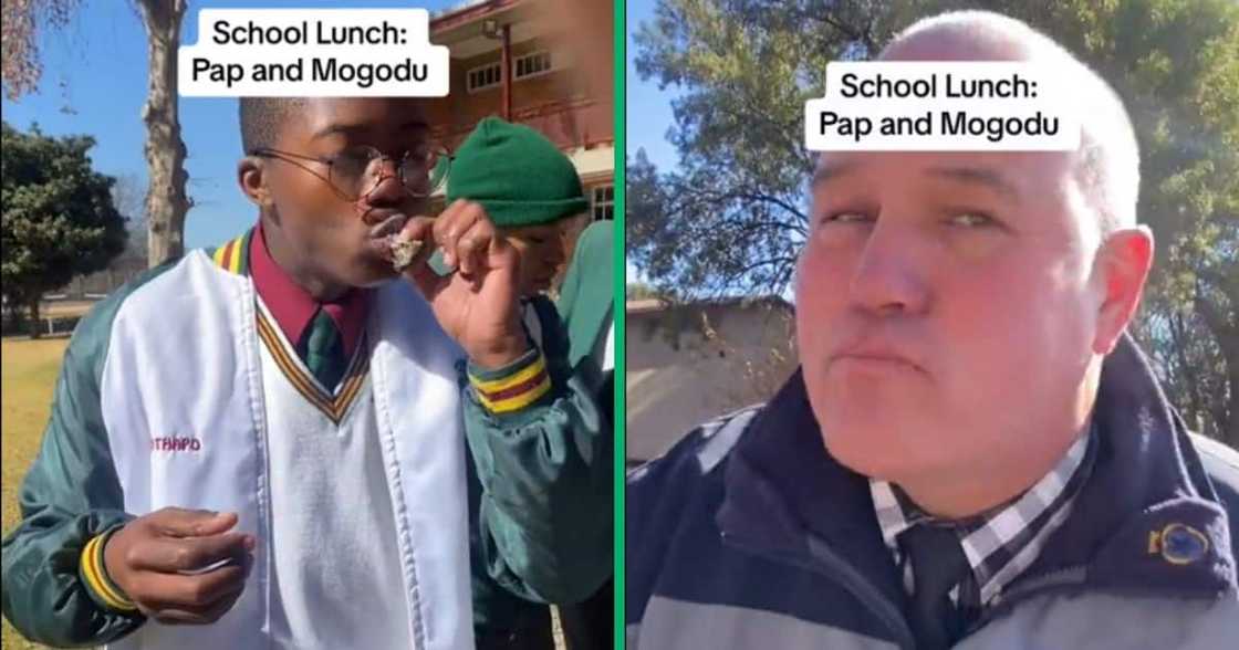 Learners and teacher eat pap and mogudu together Learners and teacher eat pap and mogudu together