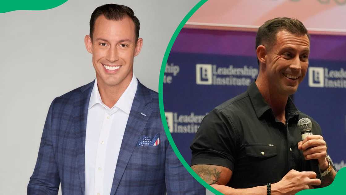 Johnny Joey Jones smiles in a suit, and he motivates an audience at a function Johnny Joey Jones smiles in a suit, and he motivates an audience at a function