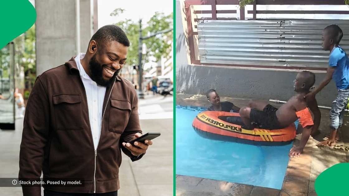 People laughed at a man in a pool. People laughed at a man in a pool.