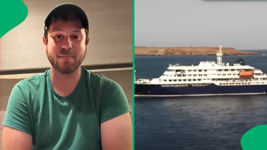 The MV Hondius cruise ship is seen anchored off the coast as the health emergency unfolds