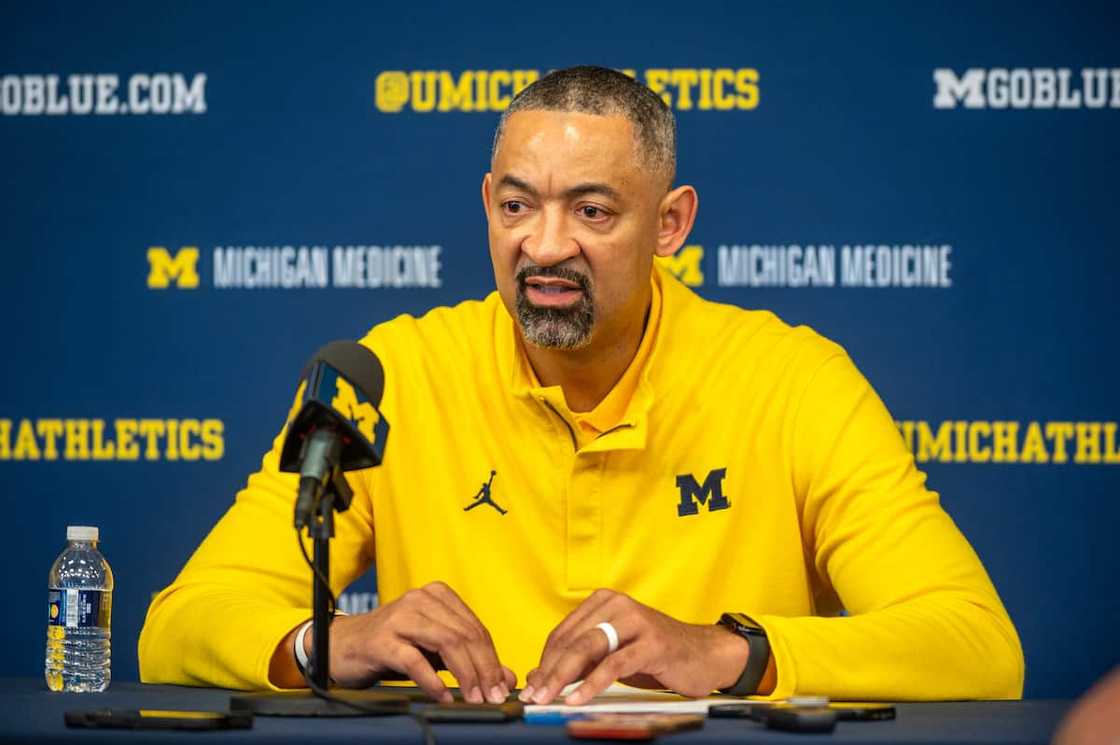 Juwan Howard of the Michigan Wolverines speaks to media during the post game press conference Juwan Howard of the Michigan Wolverines speaks to media during the post game press conference