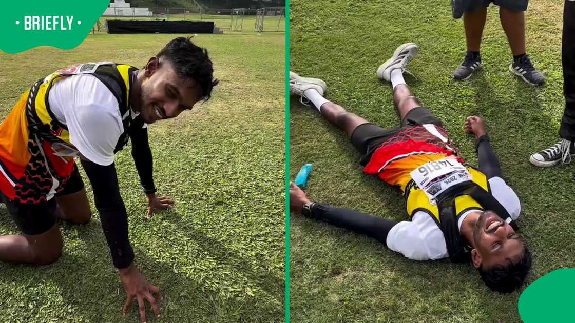 Image collage of Chatsworth marathon runner lying down and kneeling after completing event.
