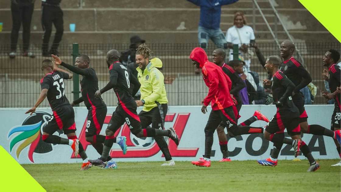 Orlando Pirates players celebrate Kabelo Dlamini's goal during their Betway Premiership clash with Richards Bay on Sunday evening. Photo: @orlandopirates. Orlando Pirates players celebrate Kabelo Dlamini's goal during their Betway Premiership clash with Richards Bay on Sunday evening. Photo: @orlandopirates.