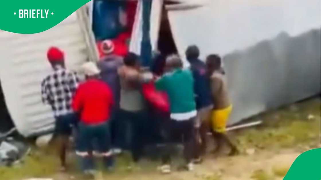 Several individuals were captured pulling chickens out of a toppled truck on the roadside while others stood nearby watching Several individuals were captured pulling chickens out of a toppled truck on the roadside while others stood nearby watching