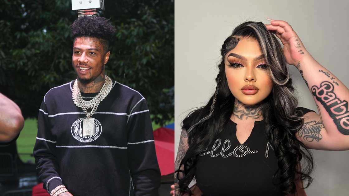 Blueface is pictured in a black sweatshirt (L) and Jaidyn Alexis is pictured in a black top (R)