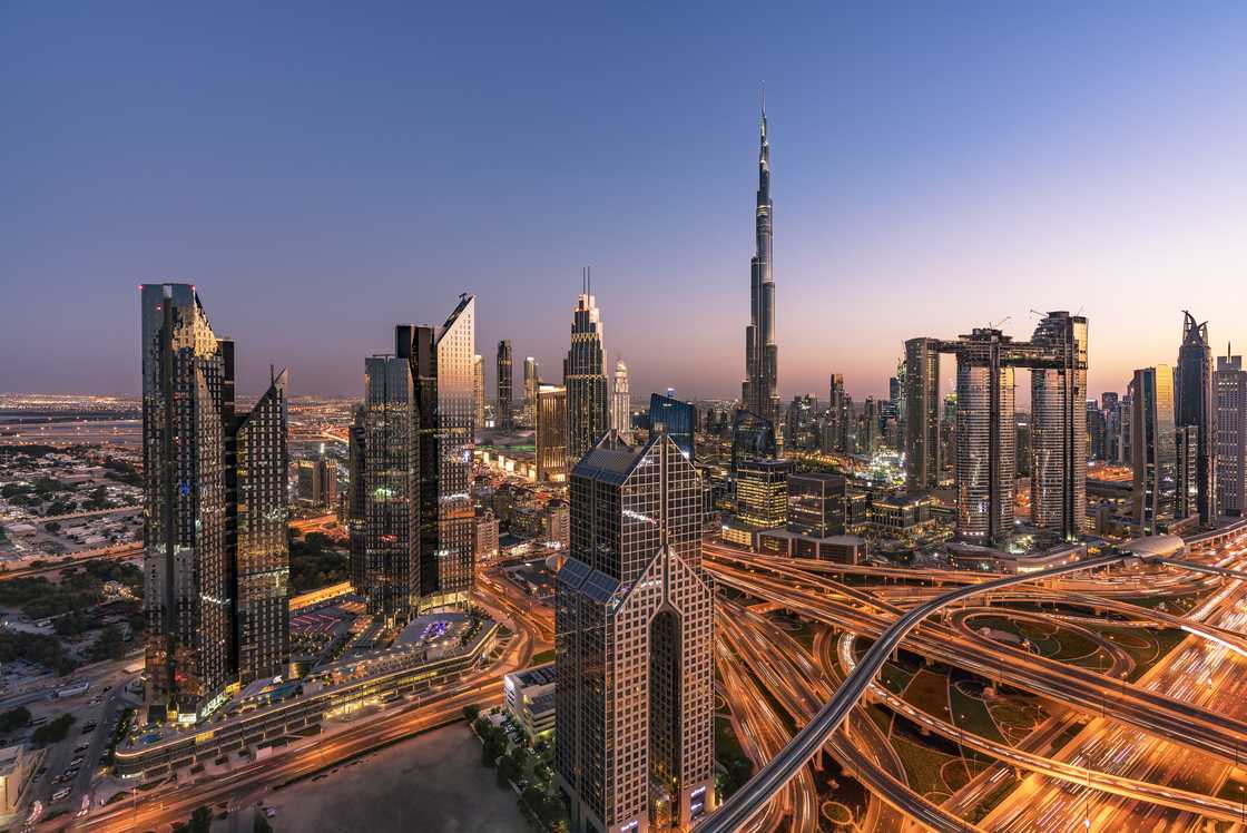 Dubai sky line with traffic junction and Burj Khalifa
