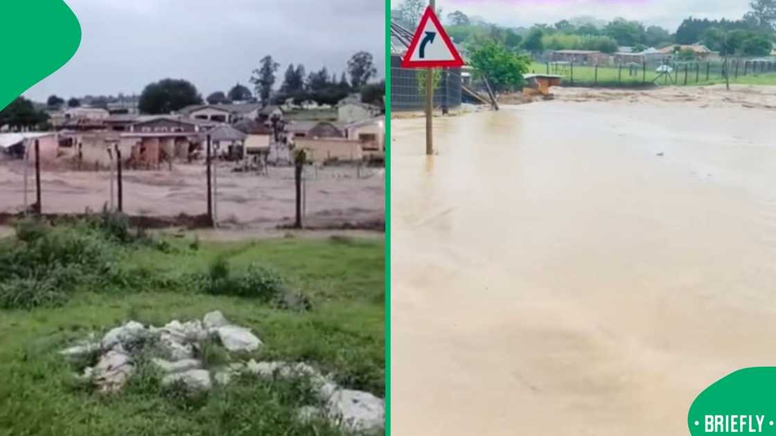 The photo on the right captured flooded streets, with a road sign standing in the middle of the rising water The photo on the right captured flooded streets, with a road sign standing in the middle of the rising water