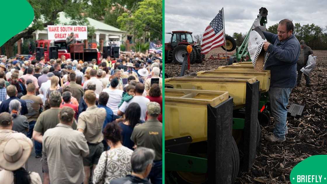 A split-screen graphic paired an outdoor political rally of white Afrikaners in South Africa A split-screen graphic paired an outdoor political rally of white Afrikaners in South Africa