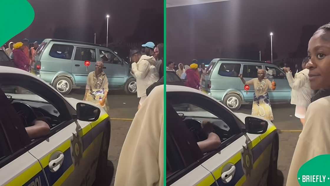 A TikTok video shows a gogo busting dance moves in front of policemen. A TikTok video shows a gogo busting dance moves in front of policemen.