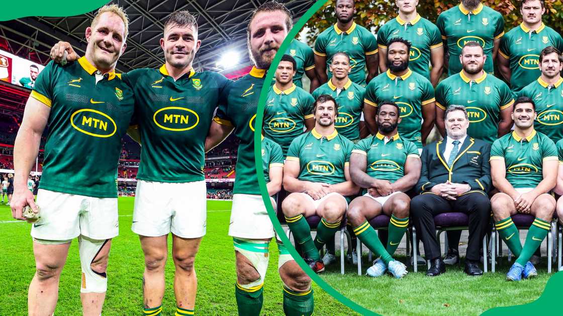 Three Springbok players posing for photos Three Springbok players posing for photos