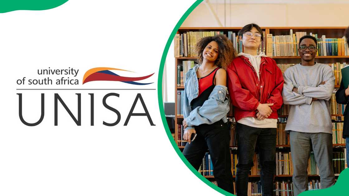 The UNISA logo and a group of happy college students in a library