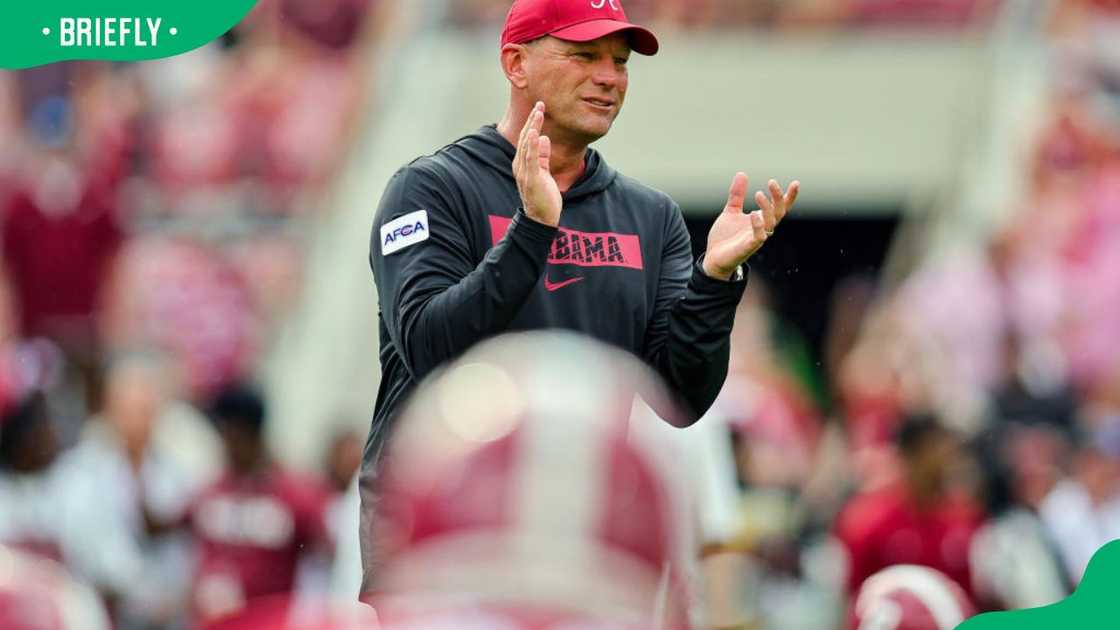 Head coach Kalen DeBoer at a 2024 kickoff against the Western Kentucky Hilltoppers Head coach Kalen DeBoer at a 2024 kickoff against the Western Kentucky Hilltoppers