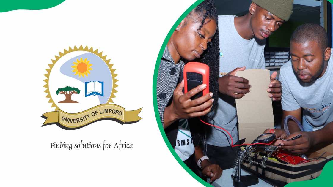 The University of Limpopo logo and UL students in the electronics lab