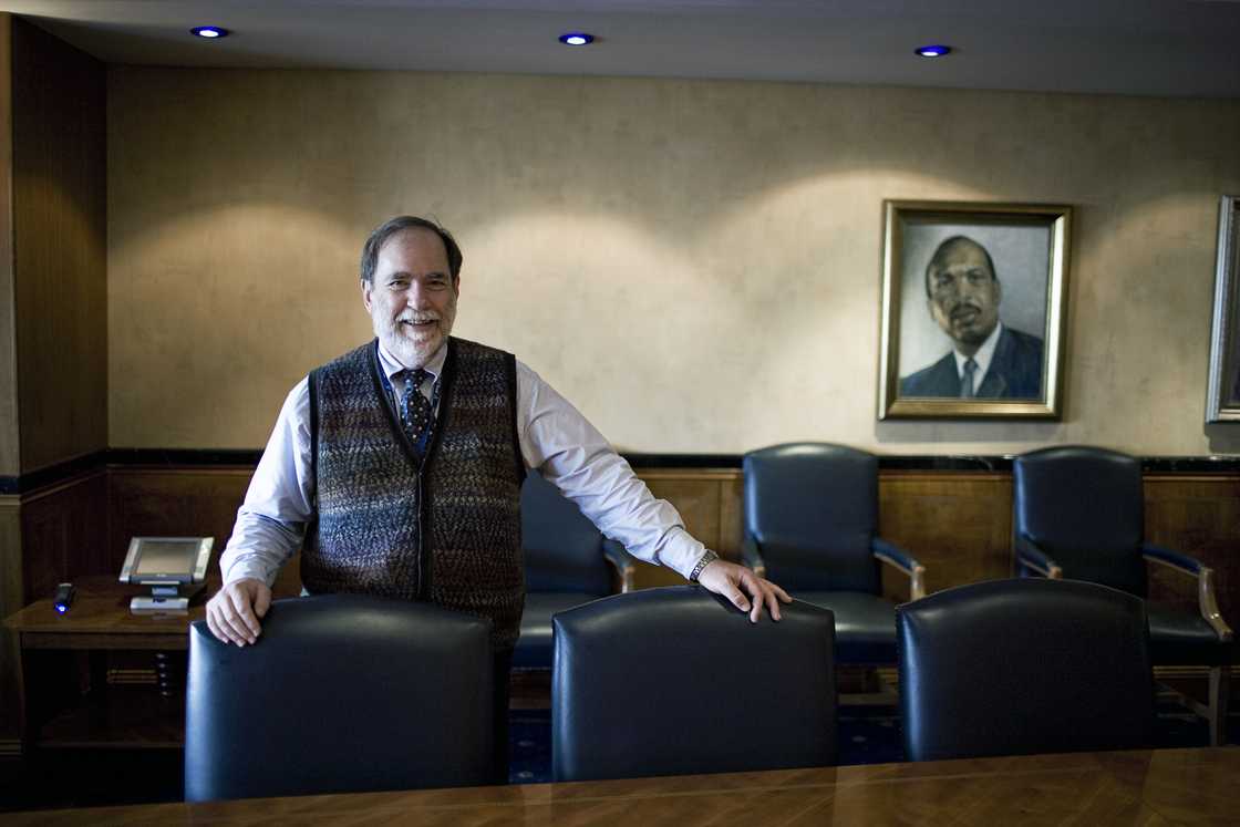 Nicky Oppenheimer, the Chairman of De Beers, stands in a De Beers boardroom in Gaborone, Botswana