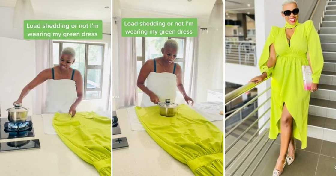 Woman irons her dress with a pot Woman irons her dress with a pot