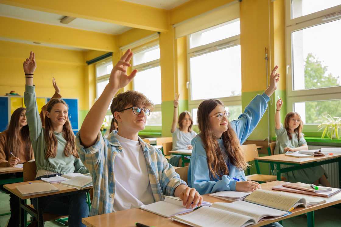 Students raising their hands in a classroom.