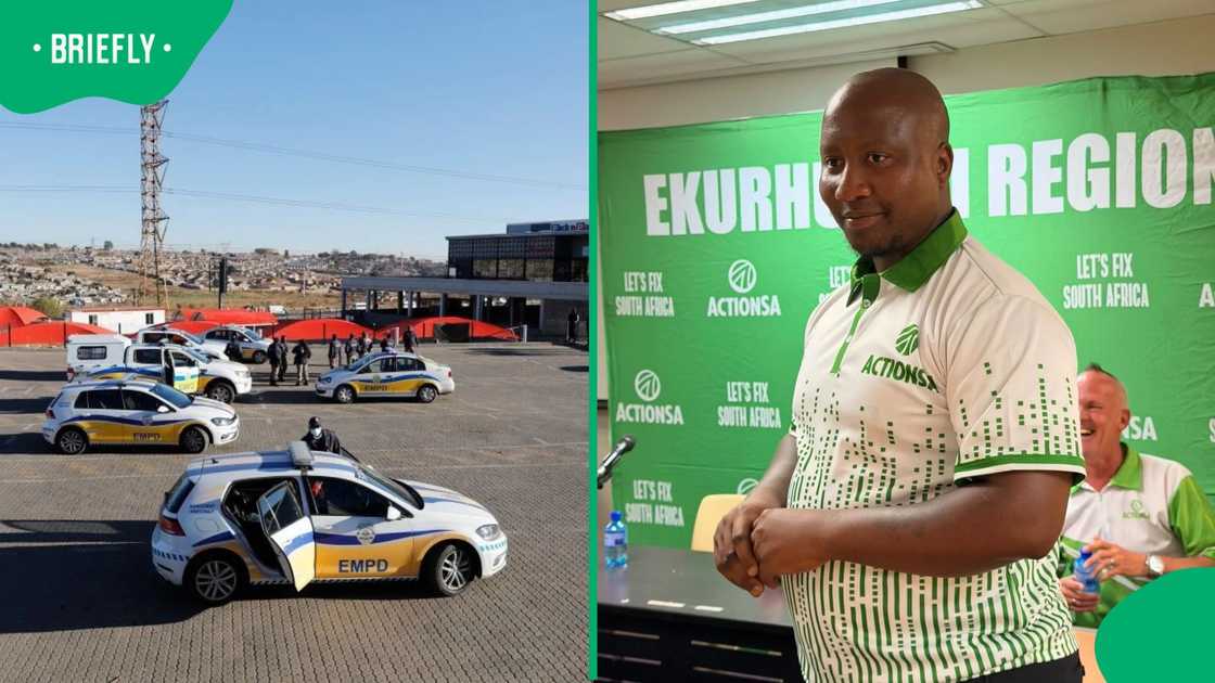 A picture of Ekurhuleni Metro Police Service vehicles and ActionSA Ekurhuleni mayoral candidate Xolani Khumalo A picture of Ekurhuleni Metro Police Service vehicles and ActionSA Ekurhuleni mayoral candidate Xolani Khumalo