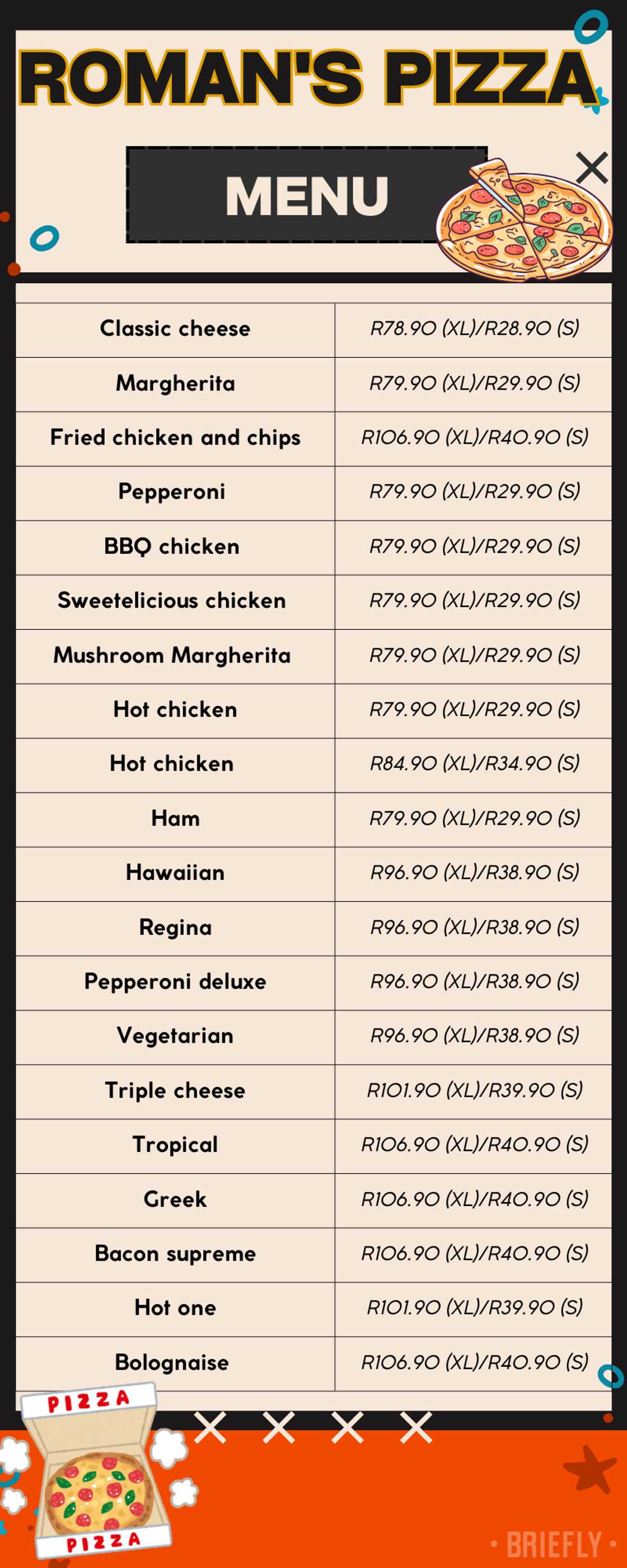 Roman's Pizza menu and latest prices