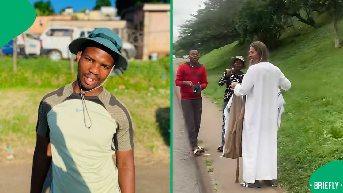 The Caucasian man was in a white robe and carrying a long stick The Caucasian man was in a white robe and carrying a long stick