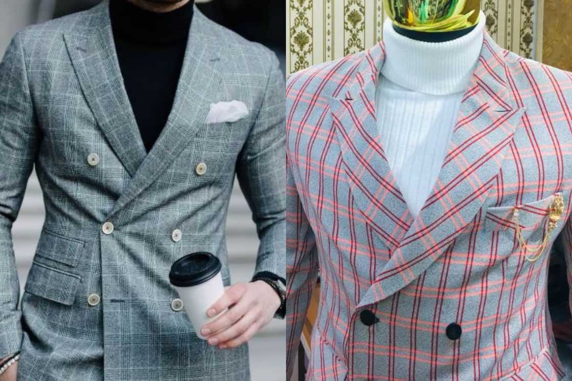 Double-breasted suit with turtleneck Double-breasted suit with turtleneck