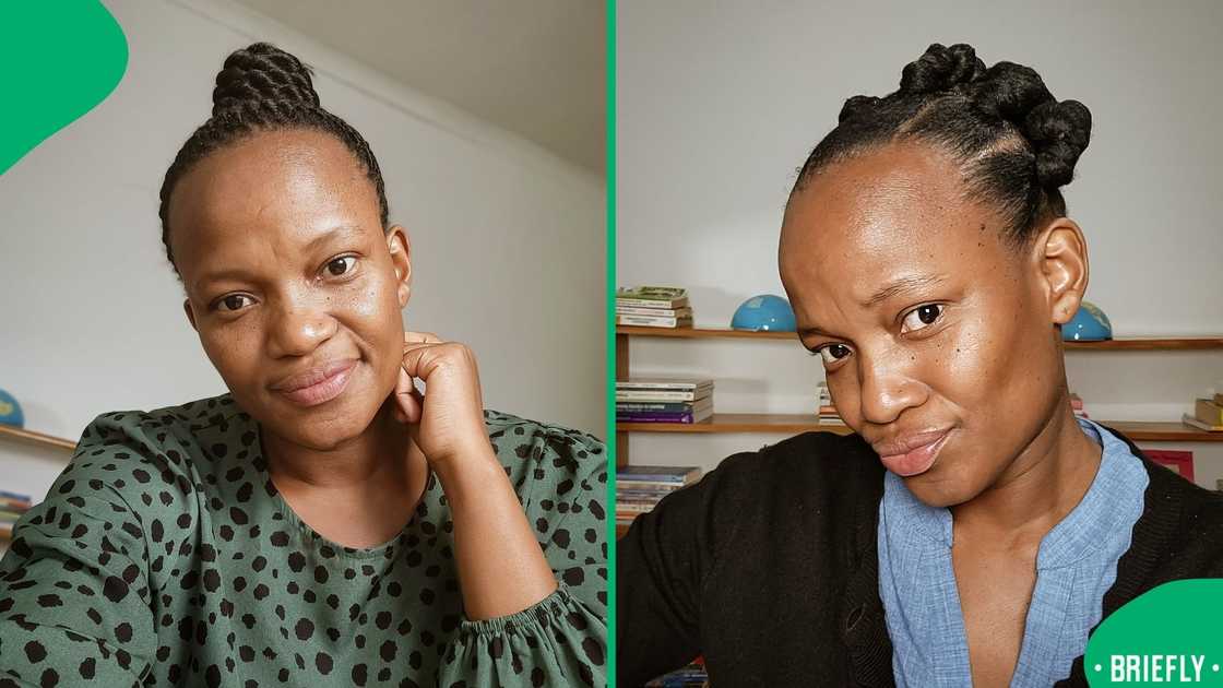 The visual on the right captured Boni standing infront of her bookshelf