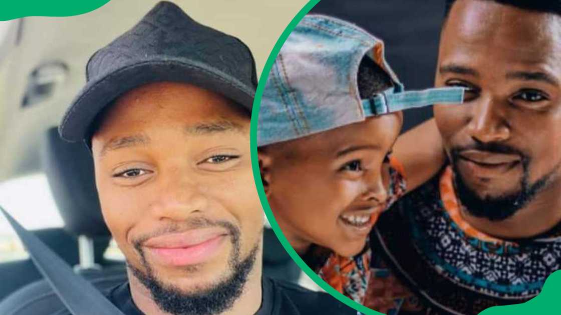 Thabiso wears a black cap in a car and carrying his son Thabiso wears a black cap in a car and carrying his son