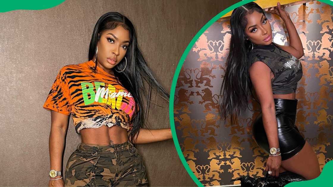 Ayesha Howard in orange and black tiger-striped crop top (L). The brand ambassador posing playfully (R) Ayesha Howard in orange and black tiger-striped crop top (L). The brand ambassador posing playfully (R)