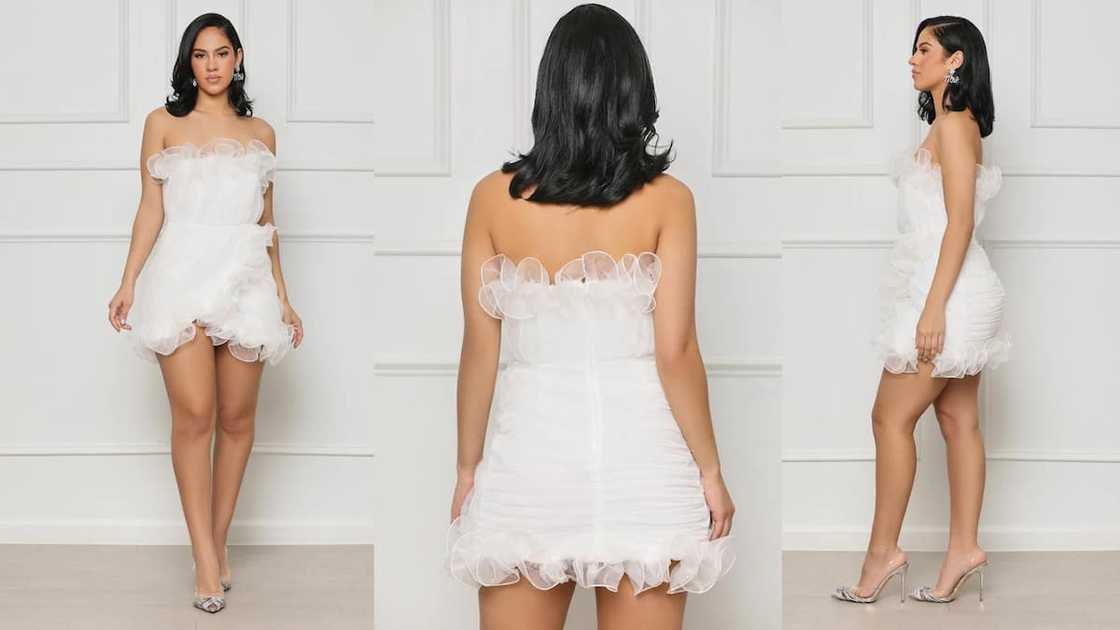 Off-shoulder ruffled mini with asymmetric hemline Off-shoulder ruffled mini with asymmetric hemline