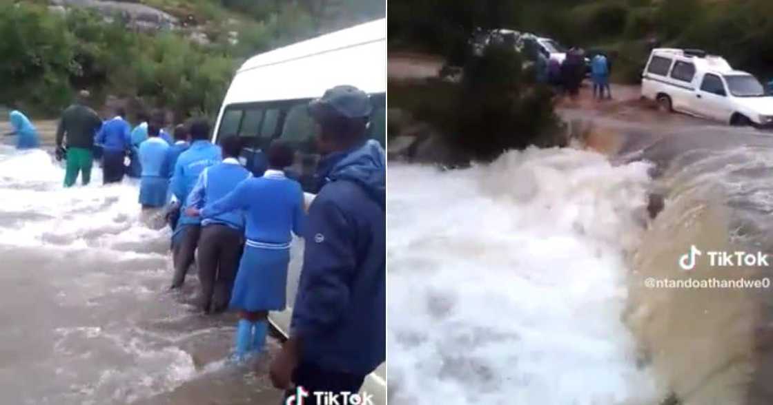 South African children trying to make their way to school by crossing dam South African children trying to make their way to school by crossing dam