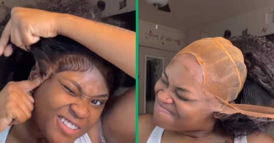 A woman captured removing a glued lace wig A woman captured removing a glued lace wig