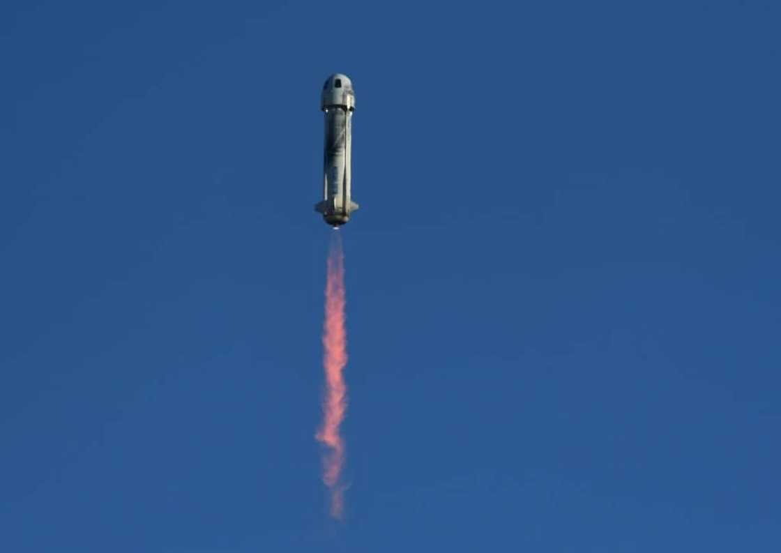 A Blue Origin New Shepard rocket launches from Launch Site One in West Texas north of Van Horn