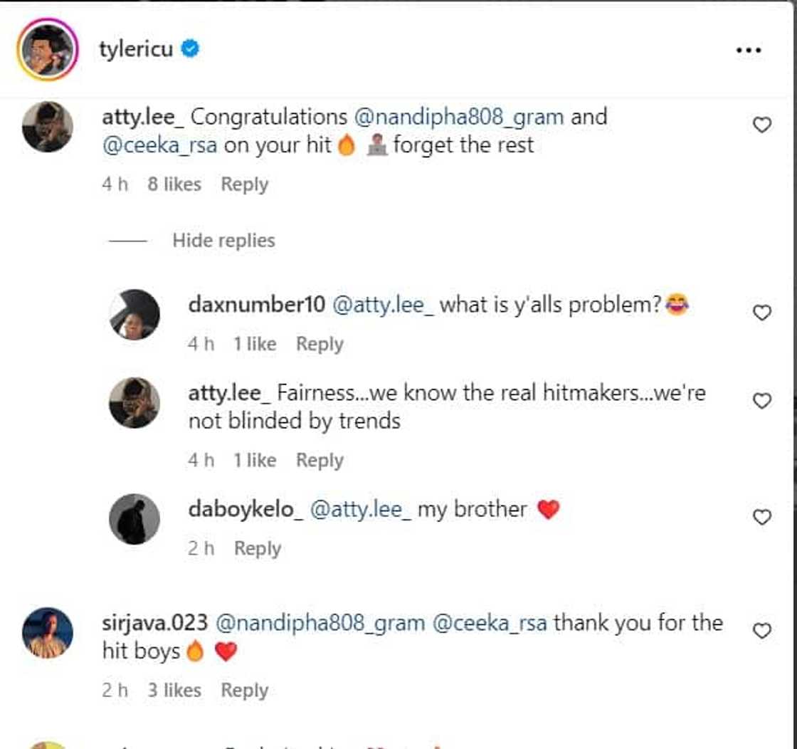 Instagram users weigh-in on the payment rumours between Tyler ICU and Nandipha808 and Ceeka RSA Instagram users weigh-in on the payment rumours between Tyler ICU and Nandipha808 and Ceeka RSA