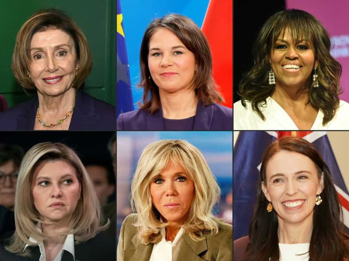 (Clockwise, from top left) ex-US House Speaker Nancy Pelosi, German foreign minister Annalena Baerbock, ex-US first lady Michelle Obama, ex-New Zealand PM Jacinda Ardern, French First Lady Brigitte Macron and Ukraine First Lady Olena Zelenska