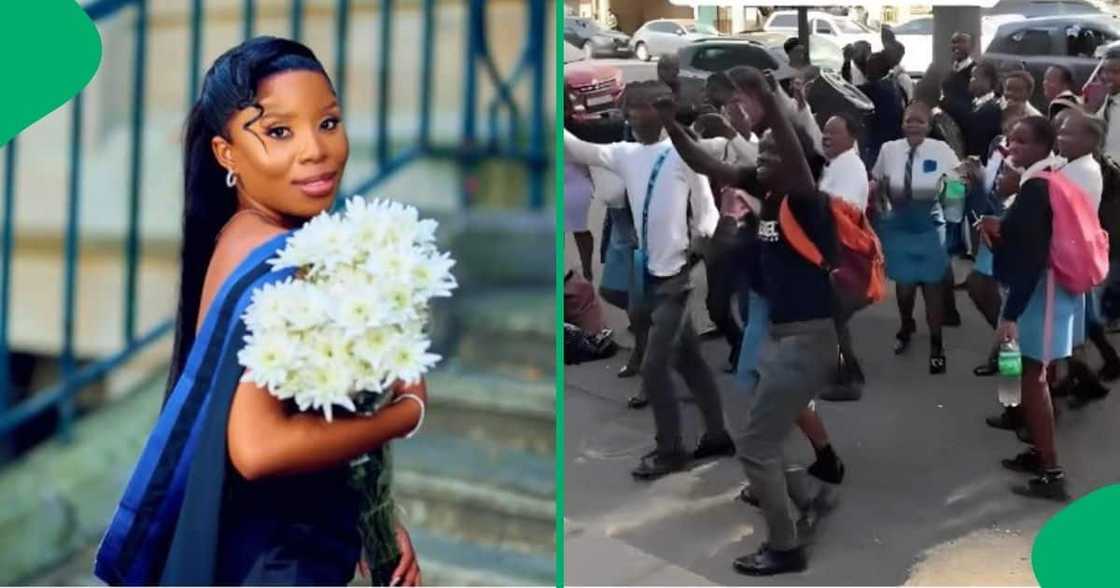 High school students hyped up a graduate during her photoshoot. High school students hyped up a graduate during her photoshoot.