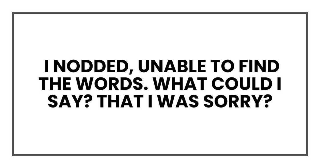 I nodded, unable to find the words. What could I say? That I was sorry? I nodded, unable to find the words. What could I say? That I was sorry?