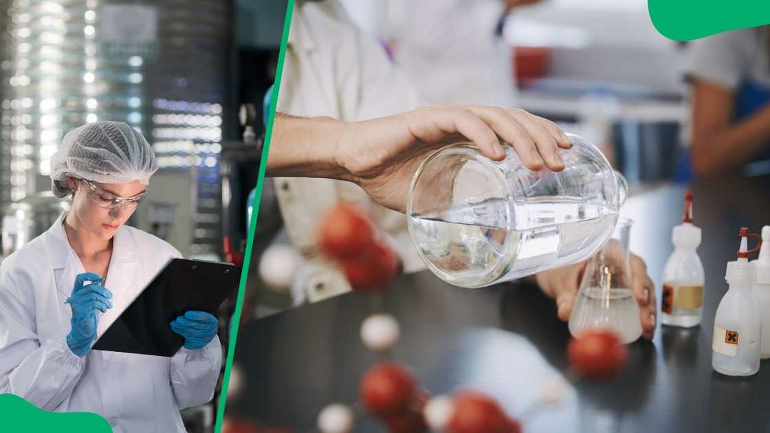 A chemical engineer at work (L). Chemical mixing in a lab (R) A chemical engineer at work (L). Chemical mixing in a lab (R)
