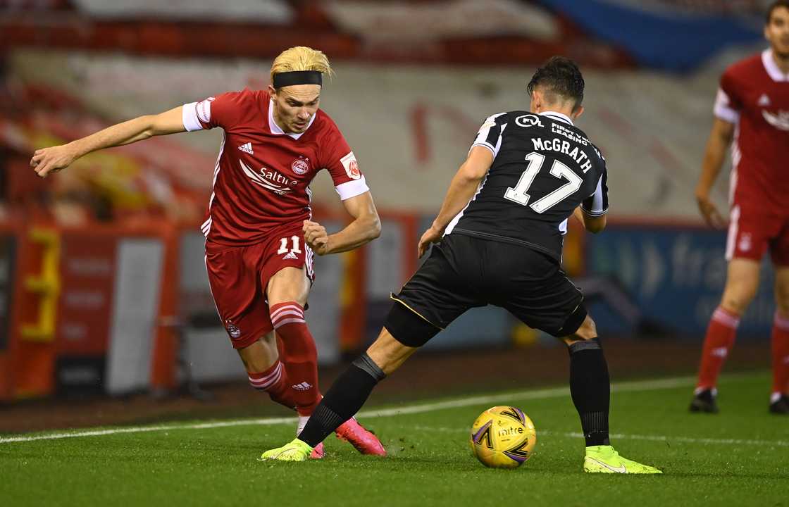 Ryan Hedges and Jamie McGrath during a Scottish Premiership match in Aberdeen