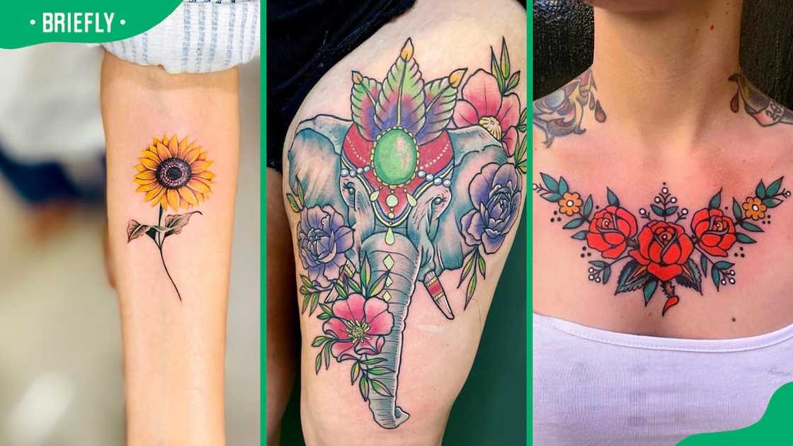 Sunflower (L), elephant and flower (C), and chest flower tattoos (R) Sunflower (L), elephant and flower (C), and chest flower tattoos (R)