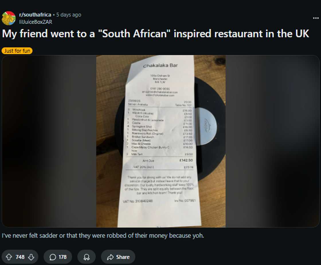 A Manchester restaurant bill shared on Reddit gained attention for its South African-inspired menu items A Manchester restaurant bill shared on Reddit gained attention for its South African-inspired menu items