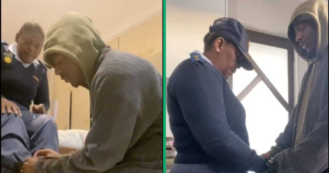 A man helps his mother prepare for work in the morning A man helps his mother prepare for work in the morning