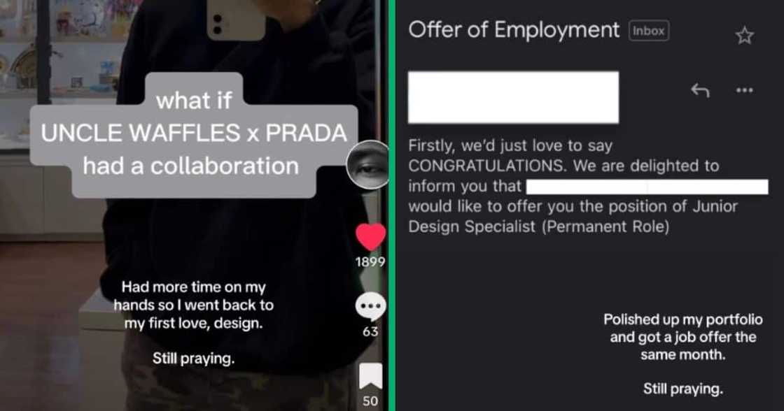 Screenshot of Uncle Waffles and Prada collaboration, offer of employment Screenshot of Uncle Waffles and Prada collaboration, offer of employment