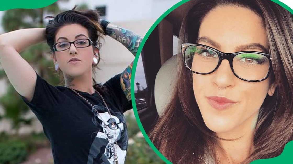 Olivia Black wearing a black t-shirt (L). The actress having a good time in her car (R) Olivia Black wearing a black t-shirt (L). The actress having a good time in her car (R)