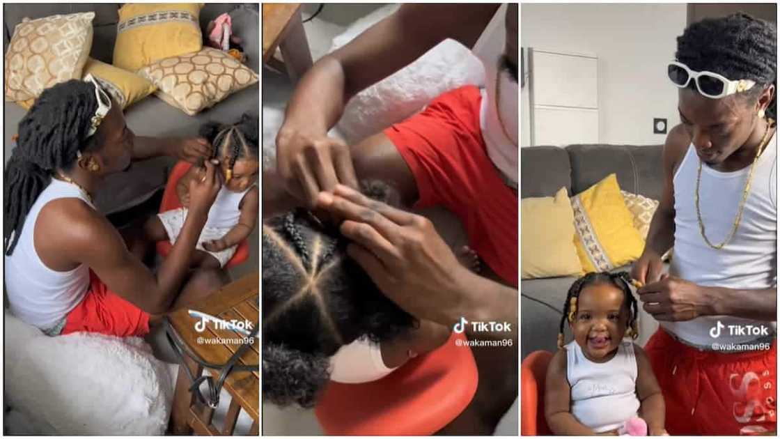 A daddy showered his baby with attention and plaited his kid's hair