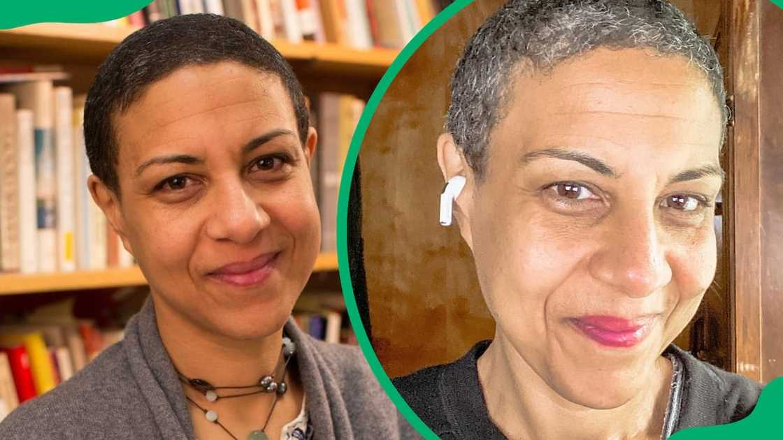 Elizabeth Stordeur Pryor in a library (L). The American professor taking a selfie (R)