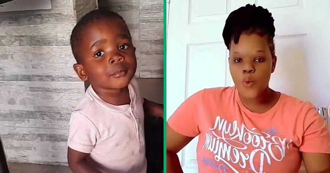 Little boy forks out a huge piece of meat from oven.