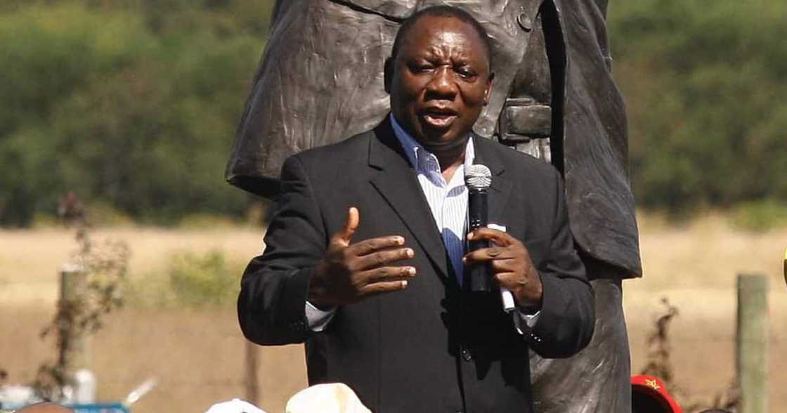 Cyril Ramaphosa addresses the crowd of people celebrating the 20th anniversary of Nelson Mandela's release from prison at Groot Drakenstein