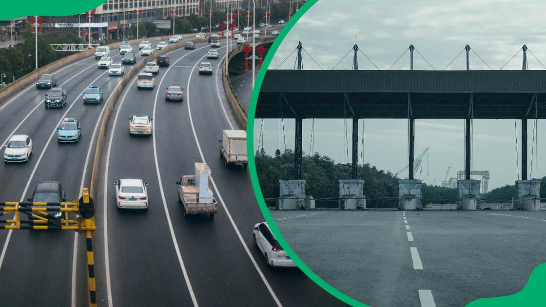 An urban highway with traffic (L) and an empty toll gate (R) An urban highway with traffic (L) and an empty toll gate (R)