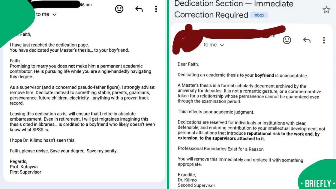 The visual on the right was an email letting her know to rewrite her thesis The visual on the right was an email letting her know to rewrite her thesis