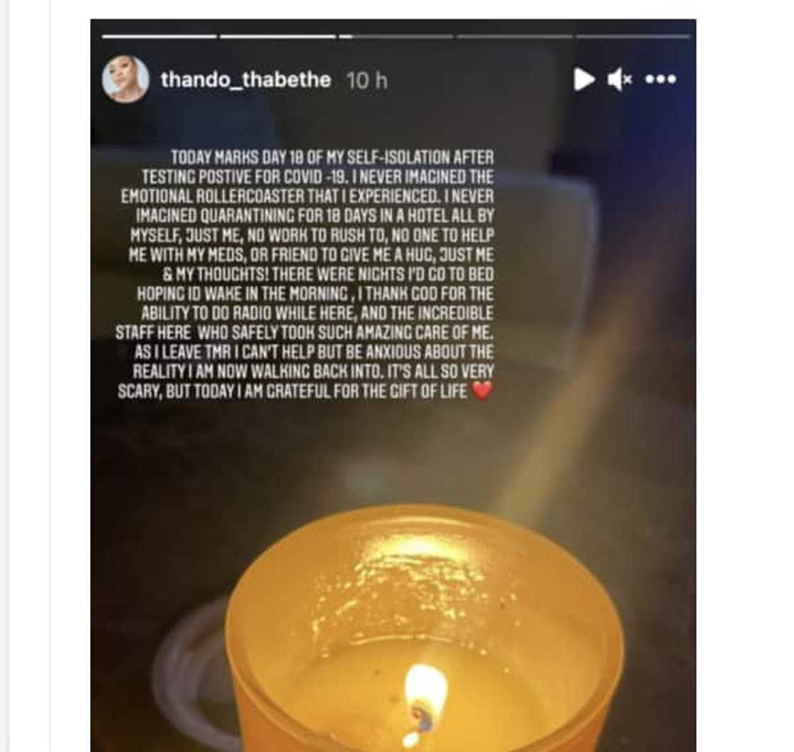 Thando Thabethe, covid-19, quarantine Thando Thabethe, covid-19, quarantine