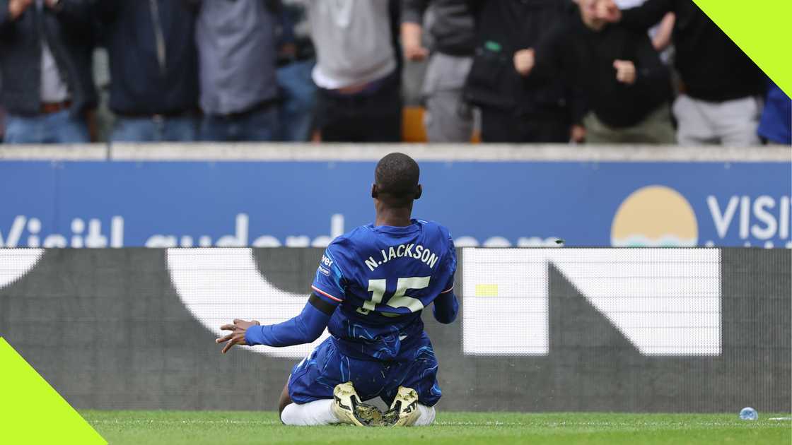 Nicolas Jackson celebrates his goal for Chelsea against Wolves.